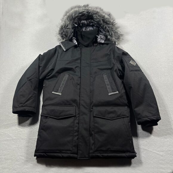 Awaknd Land Coat Mens Large Black Faux Fur Hooded Parka Winter Outdoor Ski Snow